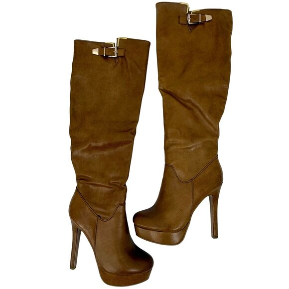 Paperfox Shoes - Vintage Y2K Paperfox Vegan Leather Gold Buckle Knee High Platform Heeled Boots